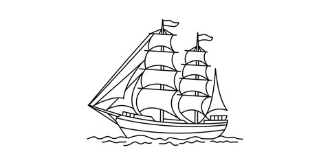 Continuous line drawing Vintage sailing ship with multiple sails floating on ocean waves © CHTRO