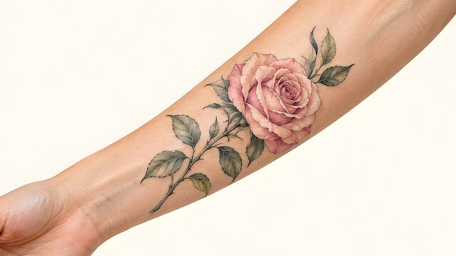Beautiful pink rose tattoo on a person forearm showcasing detailed floral body art