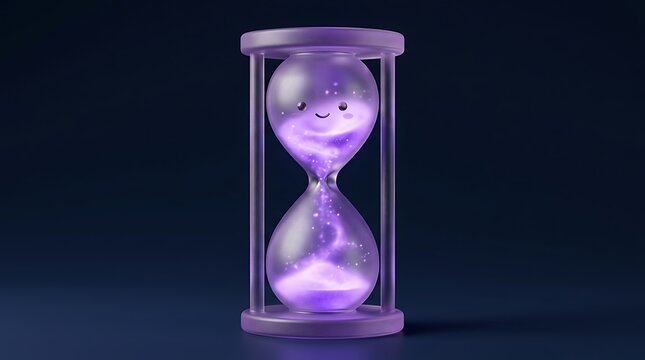 Glowing purple hourglass with happy smiling face on dark background sand timer passing time digital