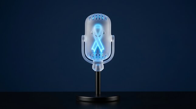 Vintage microphone with a glowing blue awareness ribbon graphic cancer awareness blue light prostate cancer