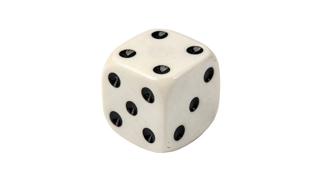 Classic small white plastic gaming dice cube with black dots isolated on transparent background