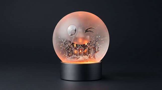 Glowing halloween snow globe featuring spooky haunted house and winking ghost character