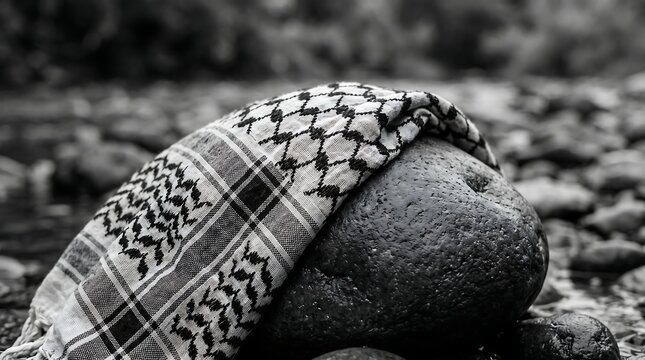 A traditional black and white keffiyeh headscarf with iconic checkered pattern draped over a smooth river stone in a conceptual monochrome composition.