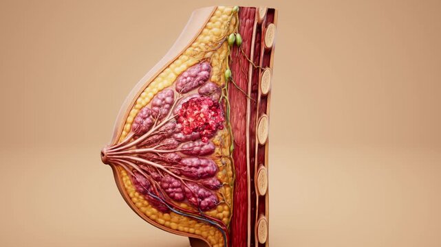 Conceptual 3D animation of breast cancer and tumor growth in breast tissue