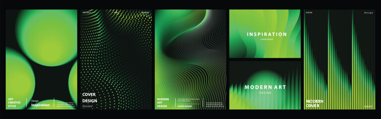 Fototapeta premium Green Black Gradient Cover Collection Vector with Organic Shapes, Halftone Waves, Flowing Lines, Modern Futuristic Poster Design Templates
