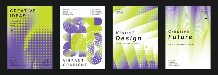 Fototapeta premium Lime Purple Gradient Poster Set Vector with Halftone Texture, Geometric Collage, Soft Light Waves, Modern Creative Cover Design Templates