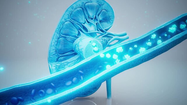 Conceptual 3D animation of a kidney releasing EPO into a blood vessel
