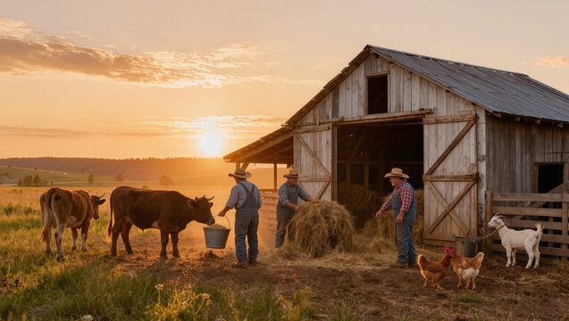Local Farmers Feeding Livestock Beside a Rural Barn at Sunrise