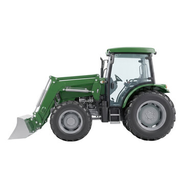 Green agricultural tractor with front loader isolated on a