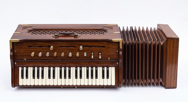 Wooden harmonium reed organ with bellows on white