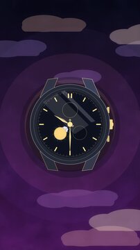 Pixel art watch loop showing celestial time against purple clouds