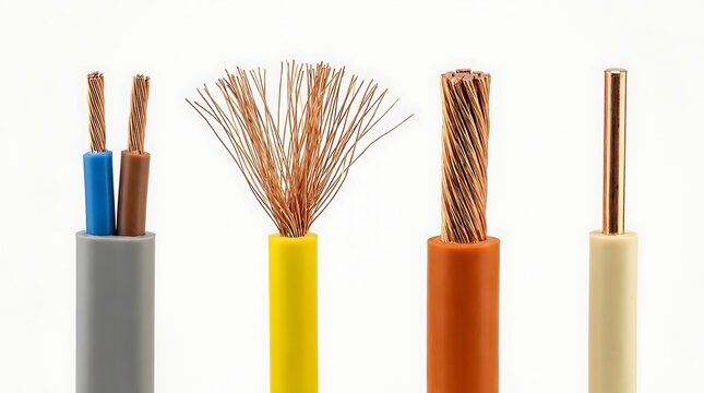 Four different types of electrical copper wires shown close up: stranded wire, solid wire, twisted pair, and single core wire for power transmission.