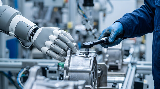 Industrial robot arm and human technician assembling mechanical