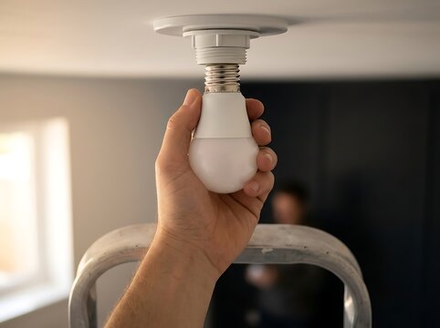 Hand of electrician installing modern white energy saving led light bulb into ceiling socket standing on aluminum stepladder during home renovation.