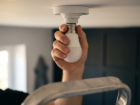 Man changing light bulb on ceiling with ladder at home for indoor lighting upgrade and energy saving replacement task.