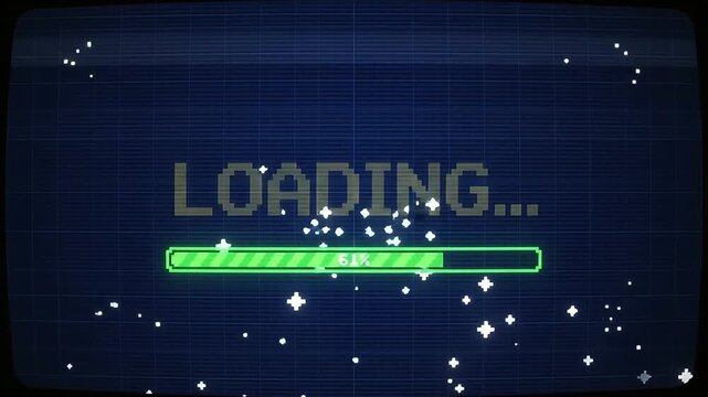 A retro pixel art loading bar progresses across a vintage television screen display featuring blue scanlines for digital technology projects.