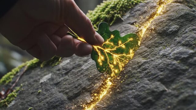 AI generated 4k close up of hand placing glowing leaf on kintsugi stone in forest light