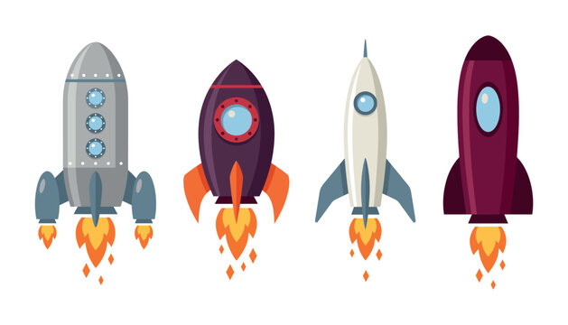 Rocket spaceship flat vector set. Flying cartoon space shuttles, flame fire engine blast, alien spacecraft, futuristic cosmos vehicle, universe exploration and astronomy startup concept.