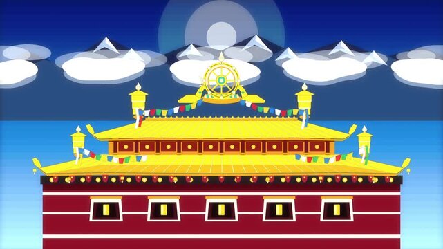 Pixel art tibetan temple animation with mountains and clouds loop
