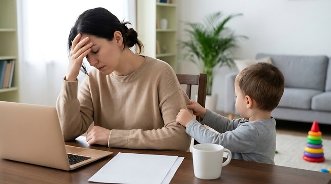 Stressed exhausted mother working remotely with laptop at home office holding her head while her cute little toddler son grabs her arm trying to play together.