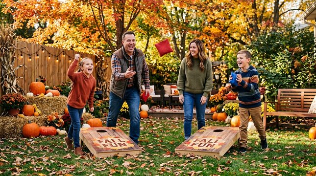 Family playing cornhole game in autumn backyard with pumpkins and fall foliage.