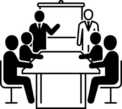 This compelling vector icon illustrates a professional business meeting with a presenter and a diverse team of colleagues