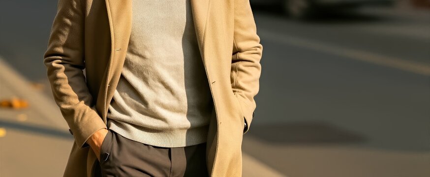 Captures Person From Waist Standing Outdoors On To Sunny Day Individual Dressed In Sophisticated Layered Outfit Suitable For Cool