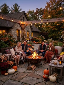 Friends Gather Around Outdoor Fire Pit at Dusk Enjoying Autumn Evening.