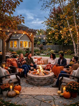 Friends Gather Around Outdoor Fire Pit on Autumn Evening.