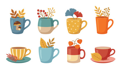 Fototapeta premium Autumn cozy mug and teacup icon set. Ceramic cups, fall leaves, berries, mushroom print, warm drinks, yellow polka dots, seasonal decoration and hygge kitchen elements.