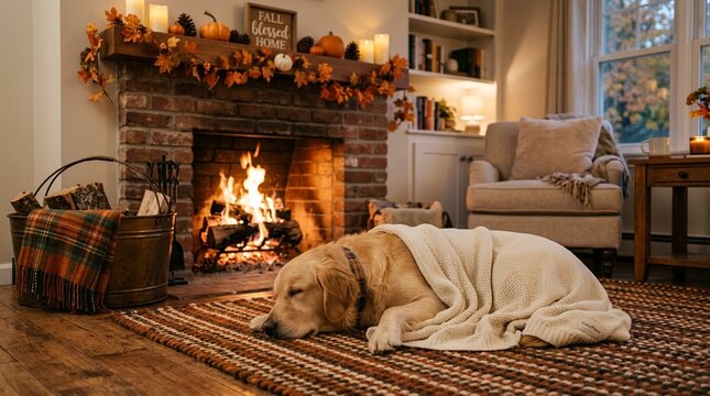 Golden Retriever Dog Sleeping Cozy By Warm Fireplace With Autumn Decorations.