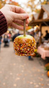 Hand holding a caramel apple with nuts at an autumn street fair.