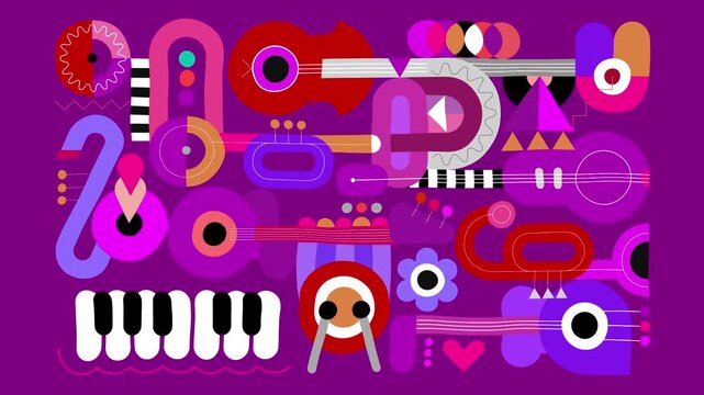 Abstract musical instruments and creative elements background loop animation on purple