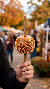 Hand holding a caramel apple with sprinkles at an autumn festival.