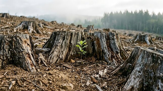 Small green sapling growing through a chopped tree stump in a deforested area, concept of forest conservation and new life