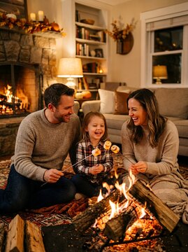 Happy family roasting marshmallows by a cozy fireplace during autumn.