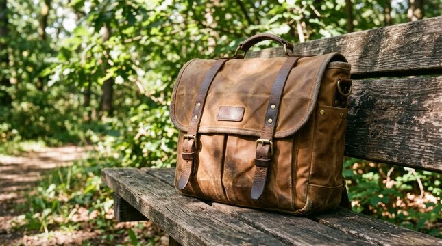 Vintage canvas shoulder bag sitting on an old bench in a sunny park