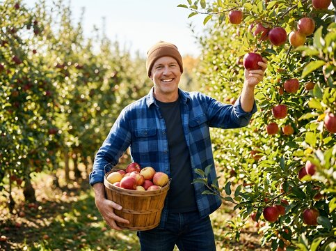 Happy Farmer Picking Ripe Apples in Orchard.