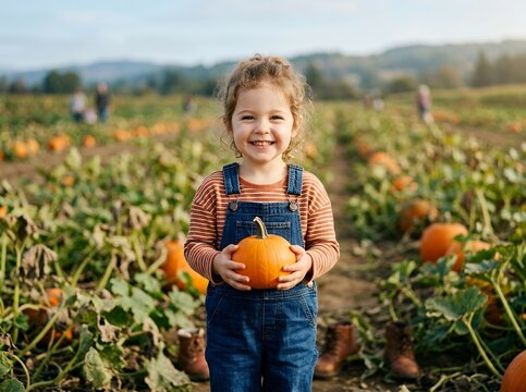 Happy young child holding a small pumpkin in a pumpkin patch during autumn.
