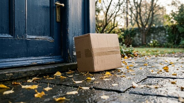 Cardboard package at the doorstep of a house with fallen leaves