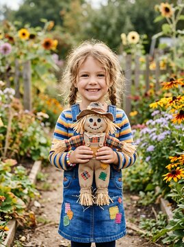 Happy young girl holding a scarecrow toy in a garden.