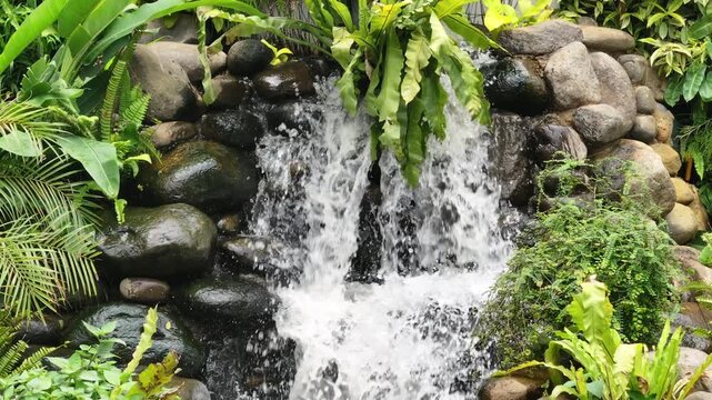 Rugged stones frame a gentle cascading waterfall. Water rushes over mossy rocks, creating frothy white spray. Green ferns and grasses grow beside the flowing stream