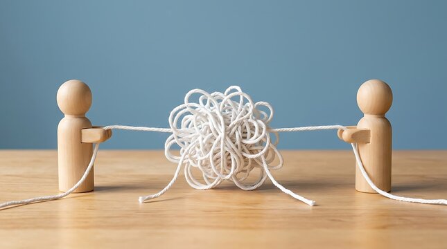 Minimalist wooden human models holding a tangled mess of white string conceptualizing difficult conversation conflict mediation and cognitive behavior therapy.