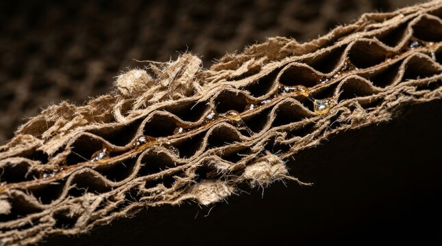 Diagonal close up of frayed corrugated cardboard edge with wavy core