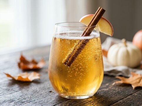 Refreshing Autumn Apple Cider with Cinnamon Stick and Apple Slice.