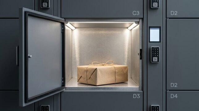 Wrapped parcel in a lit compartment of a self service pickup locker