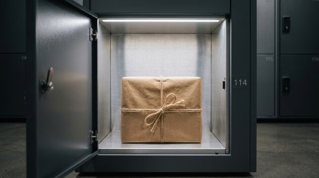 Twine tied brown parcel in an open metal delivery locker