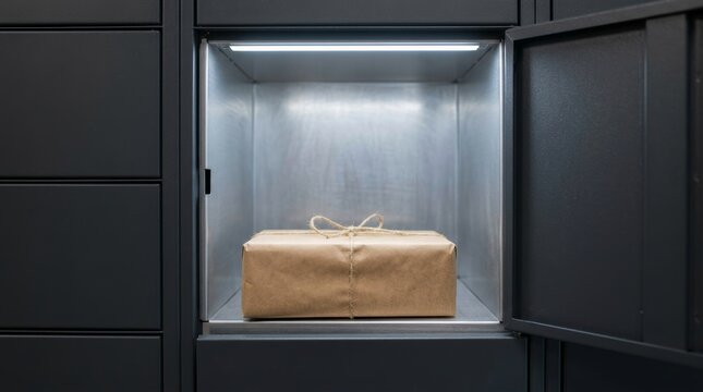 Kraft paper wrapped package inside an illuminated open locker compartment