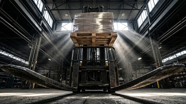 Forklift lifting a wrapped pallet of boxes in a sunlit warehouse