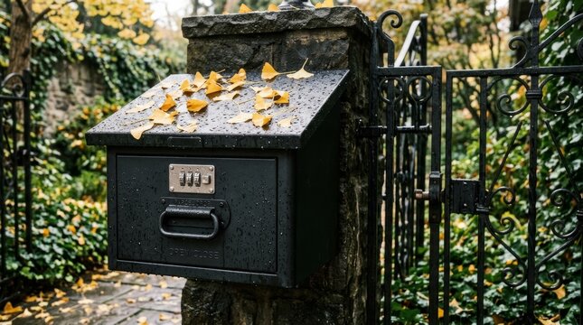 Close up of a vintage black post box with leaves beside a garden gate